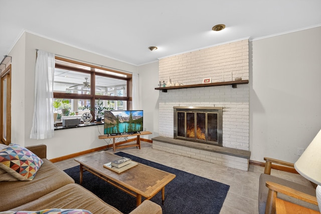 7641 N Broadway, Red Hook, NY 12571 - living area with crown molding, a brick fireplace, and tile patterned floors