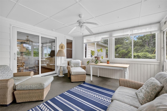 7641 N Broadway, Red Hook, NY 12571 - sunroom featuring a ceiling fan, radiator heating unit, carpet flooring, and wooden walls