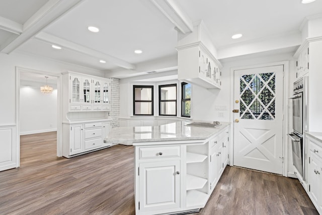 12 Foxhurst Ct, Manhasset Hills, NY 11040 - kitchen with open shelves, white cabinets, beamed ceiling, dark wood-type flooring, and recessed lighting