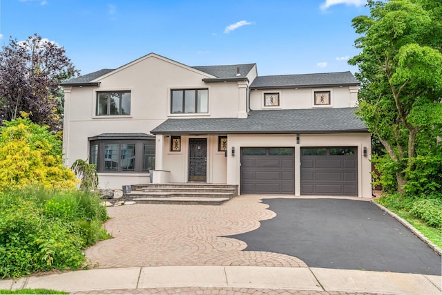 12 Foxhurst Ct, Manhasset Hills, NY 11040 - view of front of house with stucco siding, driveway, an attached garage, and roof with shingles