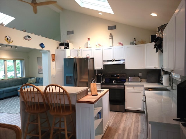 67 Wakeman Rd, Hampton Bays, NY 11946 - kitchen featuring appliances with stainless steel finishes, a skylight, under cabinet range hood, wooden counters, and light wood-type flooring