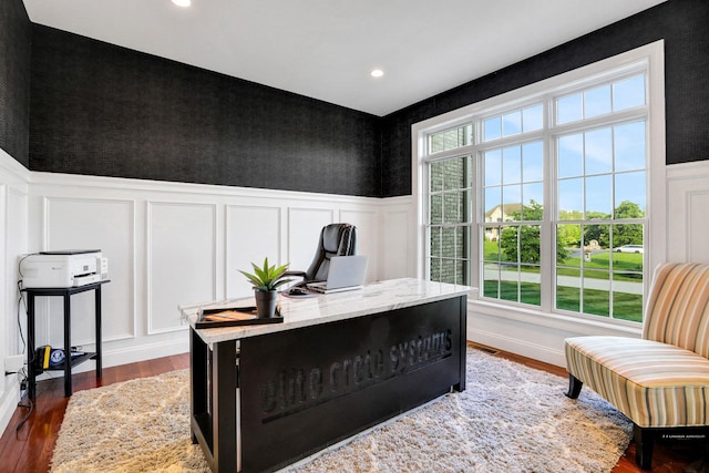 28 Viola Ct, Wappingers Falls, NY 12590 - office area featuring a decorative wall, dark wood-type flooring, a wainscoted wall, and recessed lighting