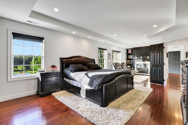 28 Viola Ct, Wappingers Falls, NY 12590 - bedroom featuring dark wood finished floors, recessed lighting, a raised ceiling, and a glass covered fireplace