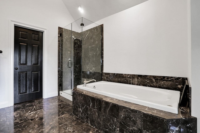 28 Viola Ct, Wappingers Falls, NY 12590 - bathroom with marble tiled flooring, a marble finish shower, a bath, and lofted ceiling