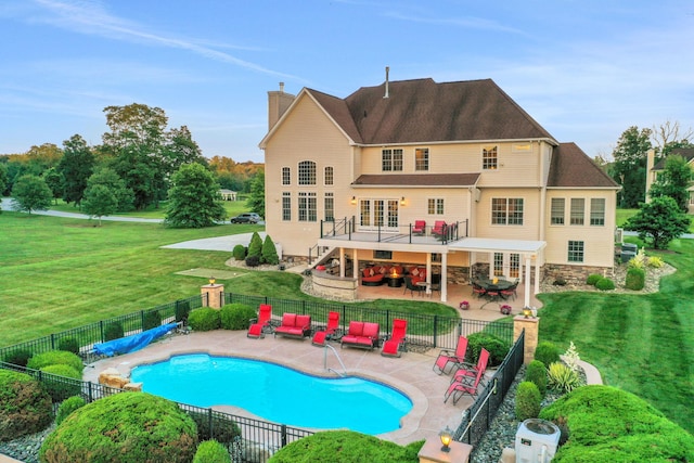 28 Viola Ct, Wappingers Falls, NY 12590 - back of property featuring a chimney, a patio, stairway, an outdoor living space, and french doors