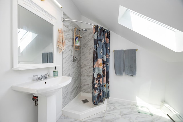 22 Tompkins Ave, Beacon, NY 12508 - bathroom featuring baseboard heating, a skylight, marble finish floors, and a shower stall