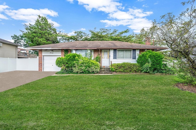 20 Bowling Ln, Deer Park, NY 11729 - single story home featuring a garage, a chimney, brick siding, and concrete driveway