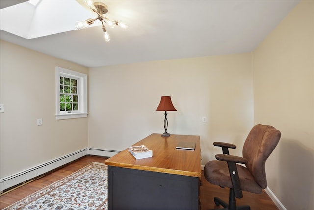 10 King St, Croton-On-Hudson, NY 10520 - office area featuring wood finished floors, a baseboard radiator, and a skylight