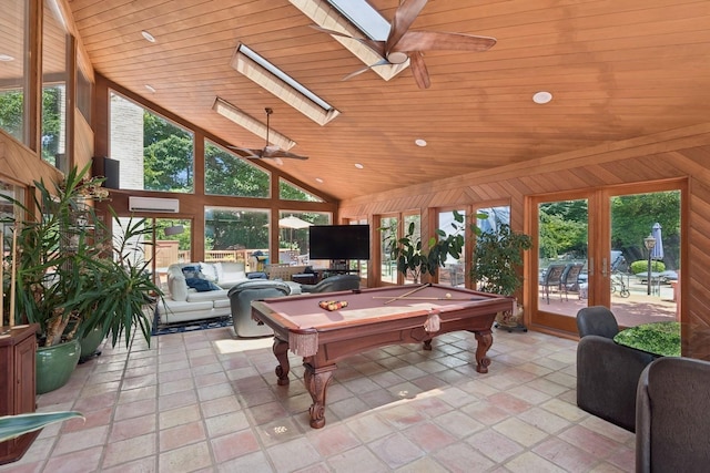 9 Swan Pl, Nissequogue, NY 11780 - rec room with a ceiling fan, billiards, a skylight, french doors, and wooden ceiling