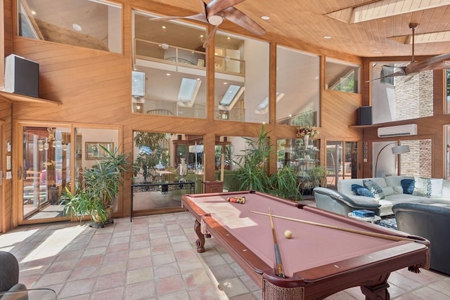9 Swan Pl, Nissequogue, NY 11780 - game room featuring a towering ceiling, wooden walls, an AC wall unit, billiards table, and wooden ceiling