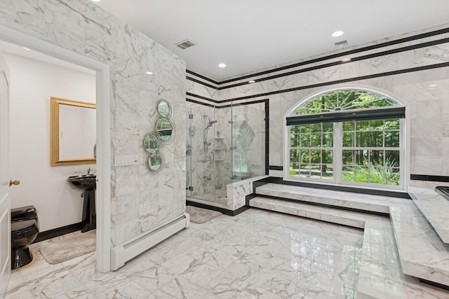 9 Swan Pl, Nissequogue, NY 11780 - bathroom with baseboard heating, a marble finish shower, marble tiled floors, and recessed lighting