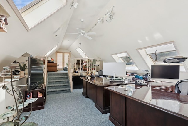 9 Swan Pl, Nissequogue, NY 11780 - office area with a skylight, carpet, lofted ceiling, and ceiling fan