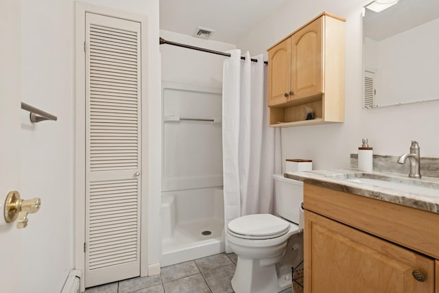 9 Swan Pl, Nissequogue, NY 11780 - full bathroom featuring a closet, vanity, a stall shower, tile patterned flooring, and baseboard heating