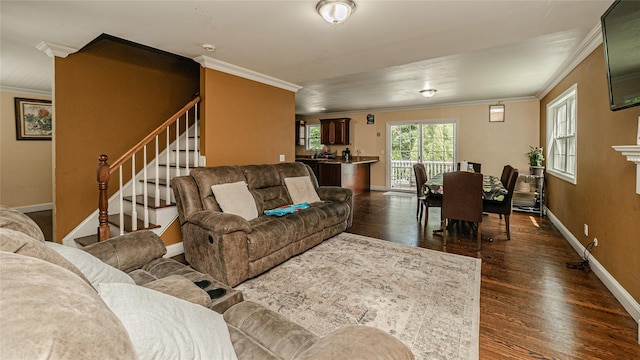 5 Ormond Pl, Mastic, NY 11950 - living area featuring crown molding, stairway, and dark wood-style floors