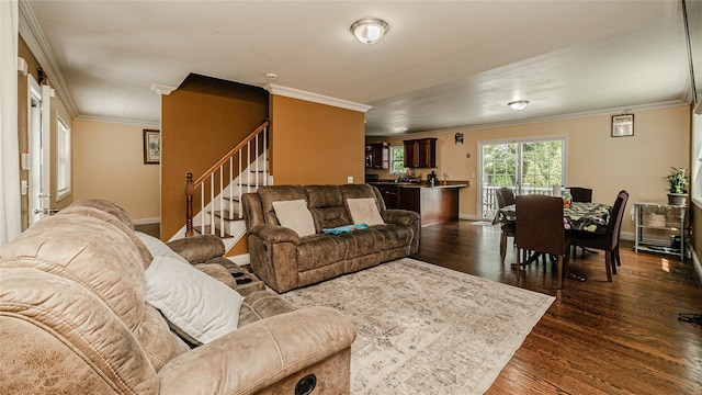 5 Ormond Pl, Mastic, NY 11950 - living room featuring ornamental molding, dark wood-style floors, and stairway