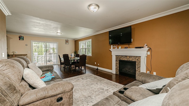 5 Ormond Pl, Mastic, NY 11950 - living area with ornamental molding, dark wood-style floors, and a high end fireplace