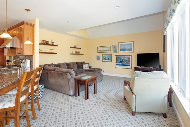 115 Highland Rd, Southampton, NY 11968 - living room featuring light colored carpet, vaulted ceiling, and recessed lighting