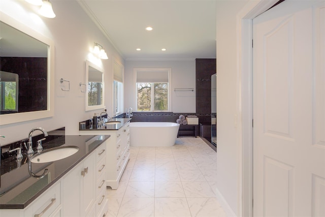 115 Highland Rd, Southampton, NY 11968 - full bathroom with crown molding, marble look tile flooring, vanity, a freestanding tub, and recessed lighting