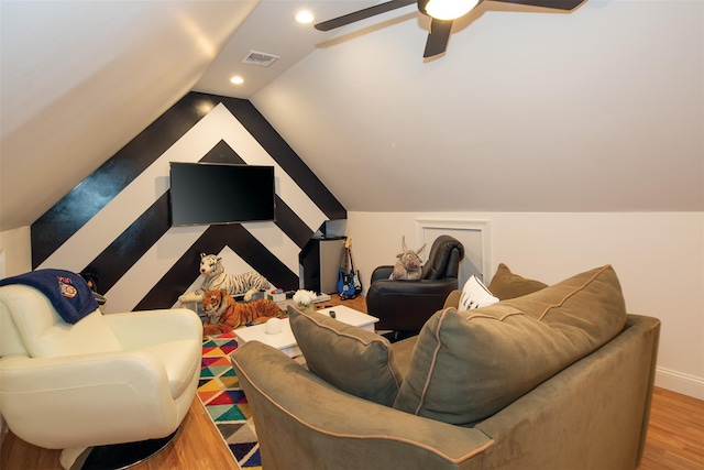 115 Highland Rd, Southampton, NY 11968 - living room featuring wood finished floors, a ceiling fan, recessed lighting, and vaulted ceiling