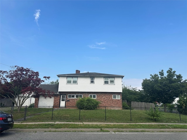 63 Grape Ln, Hicksville, NY 11801 - view of front of home featuring brick siding, a chimney, and a garage