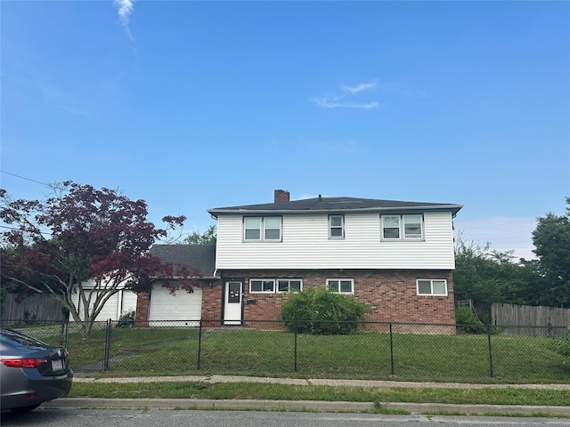 63 Grape Ln, Hicksville, NY 11801 - view of front of property featuring brick siding, a garage, and a chimney