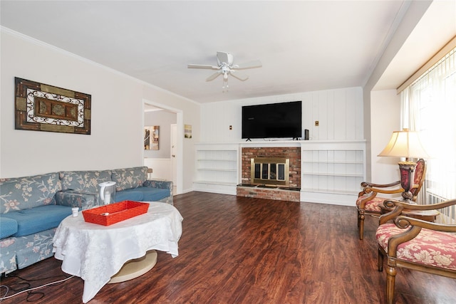 11 Glenwood Rd, Glen Head, NY 11545 - living room featuring ceiling fan, wood finished floors, a fireplace, and ornamental molding