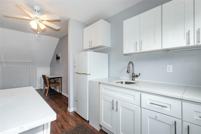 11 Glenwood Rd, Glen Head, NY 11545 - kitchen with freestanding refrigerator, light countertops, dark wood-style floors, ceiling fan, and lofted ceiling