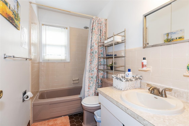11 Glenwood Rd, Glen Head, NY 11545 - bathroom with shower / bath combo with shower curtain, vanity, decorative backsplash, and tile walls