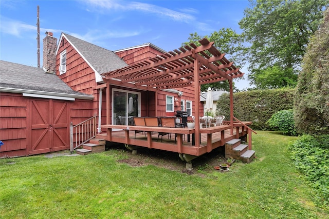 11 Glenwood Rd, Glen Head, NY 11545 - back of house with a shingled roof, a yard, a pergola, a chimney, and a deck