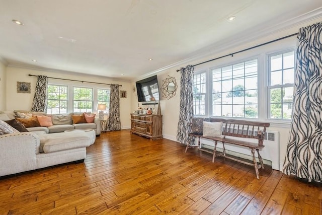 369 S 16th St, Lindenhurst, NY 11757 - living area featuring ornamental molding, wood-type flooring, and recessed lighting