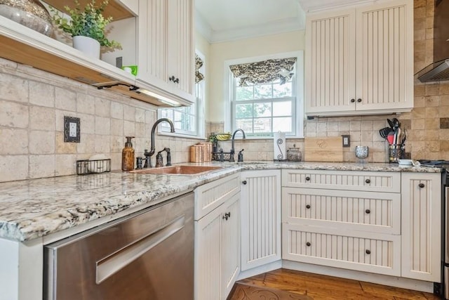 369 S 16th St, Lindenhurst, NY 11757 - kitchen with open shelves, wall chimney exhaust hood, dishwasher, backsplash, and light stone countertops