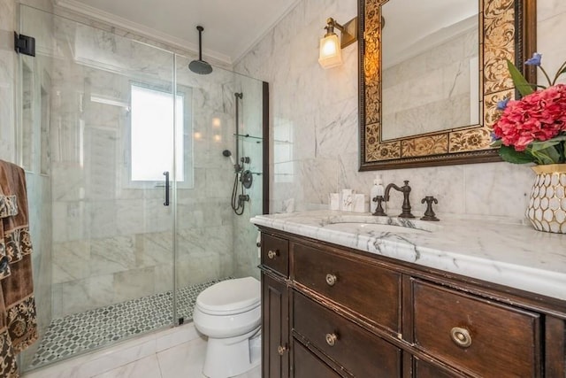 369 S 16th St, Lindenhurst, NY 11757 - full bath featuring tile walls, ornamental molding, vanity, and a stall shower