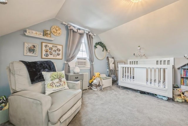 369 S 16th St, Lindenhurst, NY 11757 - carpeted bedroom featuring lofted ceiling, radiator, a nursery area, and cooling unit