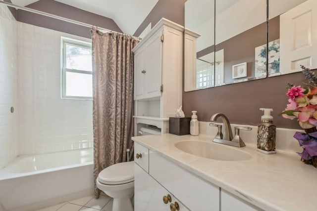 369 S 16th St, Lindenhurst, NY 11757 - full bath featuring shower / tub combo, vanity, tile patterned floors, and vaulted ceiling