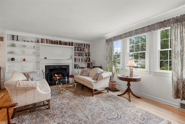 16 Ria Dr, White Plains, NY 10605 - living room with a fireplace, wood finished floors, crown molding, and built in shelves