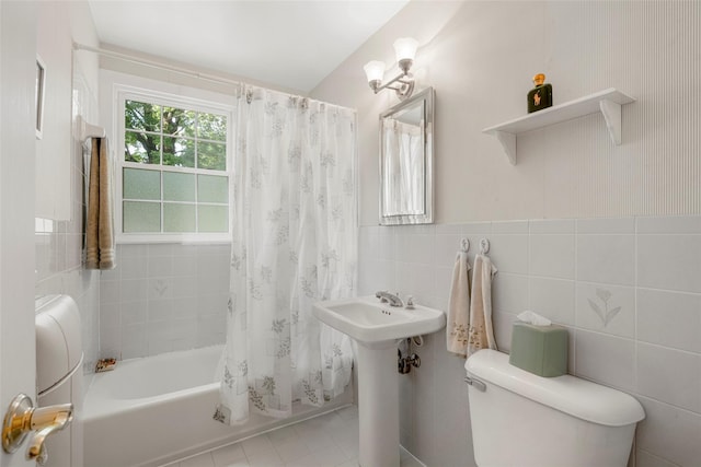 16 Ria Dr, White Plains, NY 10605 - full bathroom featuring tile walls, shower / bath combo with shower curtain, and tile patterned floors