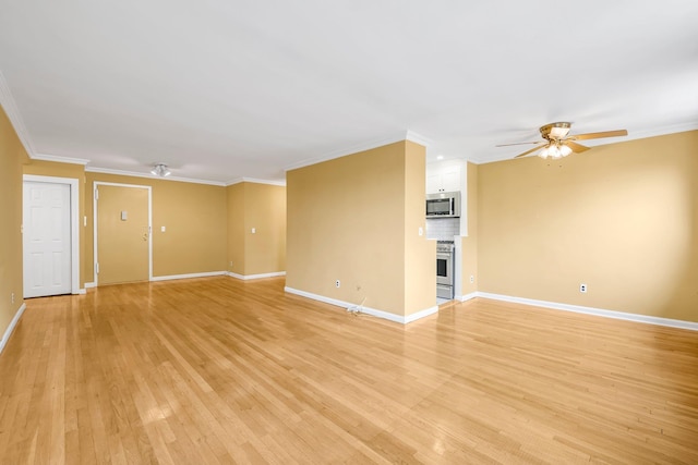 6 Birchwood Ct Unit 5N, Mineola, NY 11501 - unfurnished living room featuring a ceiling fan, light wood-style floors, and crown molding
