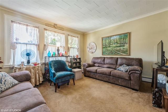 232 Broad St, Williston Park, NY 11596 - carpeted living area featuring crown molding and a baseboard radiator