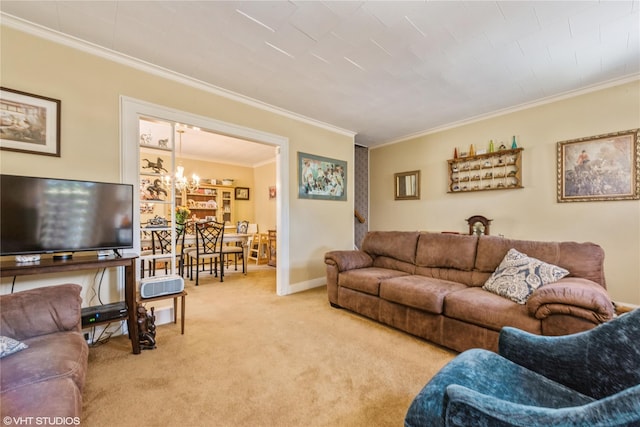 232 Broad St, Williston Park, NY 11596 - carpeted living room featuring crown molding and a chandelier