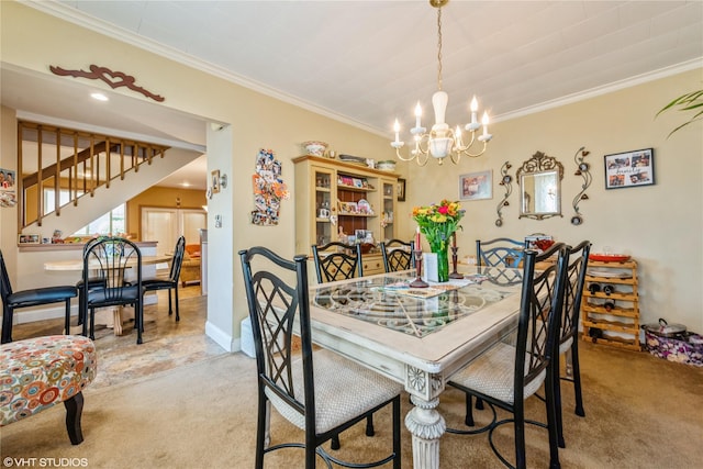 232 Broad St, Williston Park, NY 11596 - carpeted dining room featuring a chandelier, crown molding, and stairway
