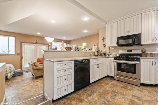 232 Broad St, Williston Park, NY 11596 - kitchen with black appliances, a peninsula, light countertops, white cabinets, and recessed lighting