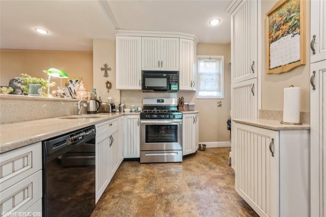 232 Broad St, Williston Park, NY 11596 - kitchen featuring black appliances, white cabinets, light stone countertops, recessed lighting, and backsplash