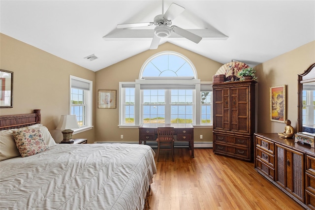 2055 Bay Shore Rd, Greenport, NY 11944 - bedroom featuring light wood-type flooring, lofted ceiling, and ceiling fan