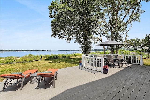 2055 Bay Shore Rd, Greenport, NY 11944 - wooden terrace with outdoor dining area, a water view, and a yard