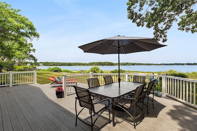 2055 Bay Shore Rd, Greenport, NY 11944 - deck featuring a water view and outdoor dining area