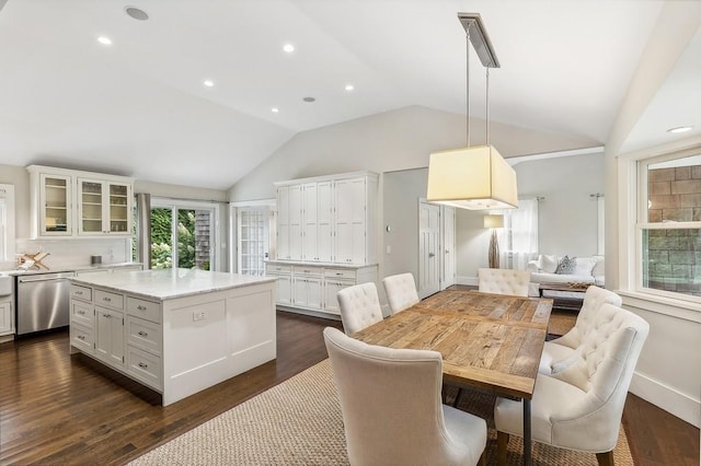 20 Stratton Sq, East Hampton, NY 11937 - dining room featuring vaulted ceiling, plenty of natural light, dark wood-type flooring, and recessed lighting