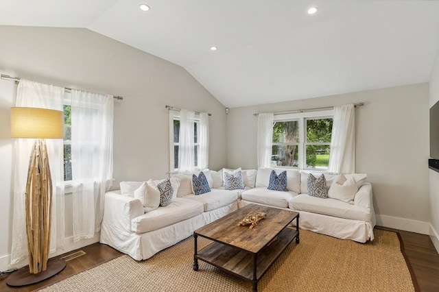 20 Stratton Sq, East Hampton, NY 11937 - living area featuring lofted ceiling, dark wood-type flooring, and recessed lighting