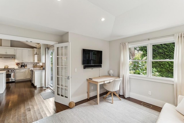 20 Stratton Sq, East Hampton, NY 11937 - office area featuring vaulted ceiling, dark wood-style flooring, and recessed lighting