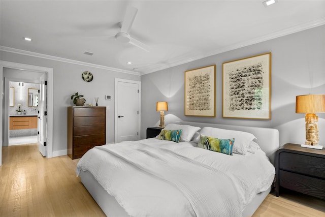 920 Protano Ln, Mamaroneck, NY 10543 - bedroom featuring light wood-style floors, ornamental molding, recessed lighting, connected bathroom, and ceiling fan