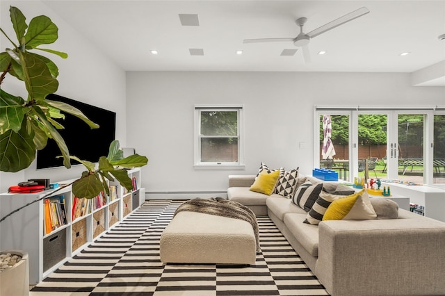 920 Protano Ln, Mamaroneck, NY 10543 - living area featuring a ceiling fan, recessed lighting, a baseboard radiator, and french doors
